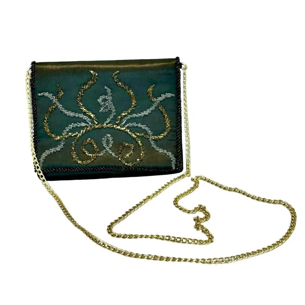 VTG La Regale Evening Purse Crossbody Handbag Black Satin Beaded Metallic